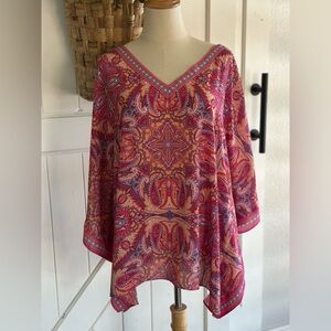 Belle by Kim Gravel Women's Sz L 3/4 Slv Printed V-Neck Poncho Top Blue A394087